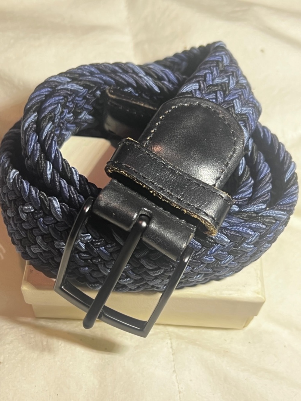 Woven Navy Stretch Belt with Black Leather Trim